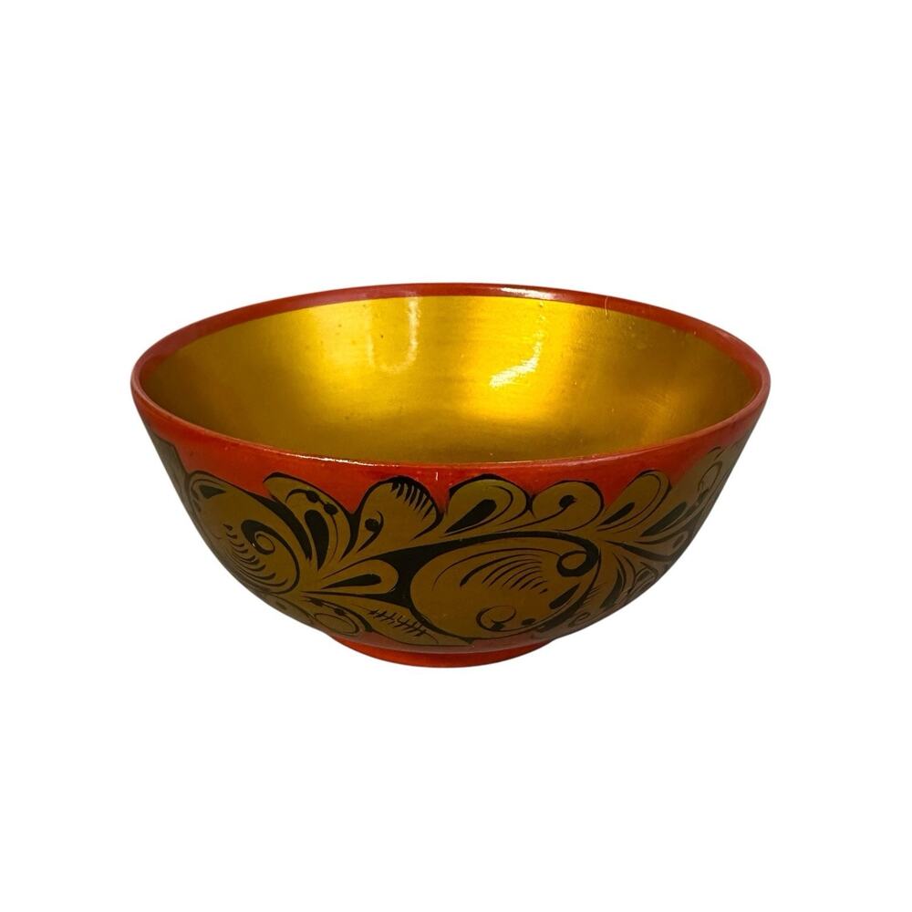 Russian Khokhloma Lacquered Painted Wooden Bowl Folk Art Red Black & Gold Vtg